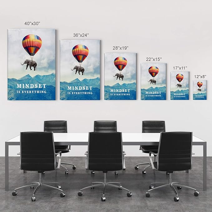 Smile Art Design Mindset is Everything Quote Elephant with Balloon Motivational Wall Art Canvas Print Inspirational Wall Art Entrepreneur Quote Office Living Room Decor Gift Ready to Hang 40x30