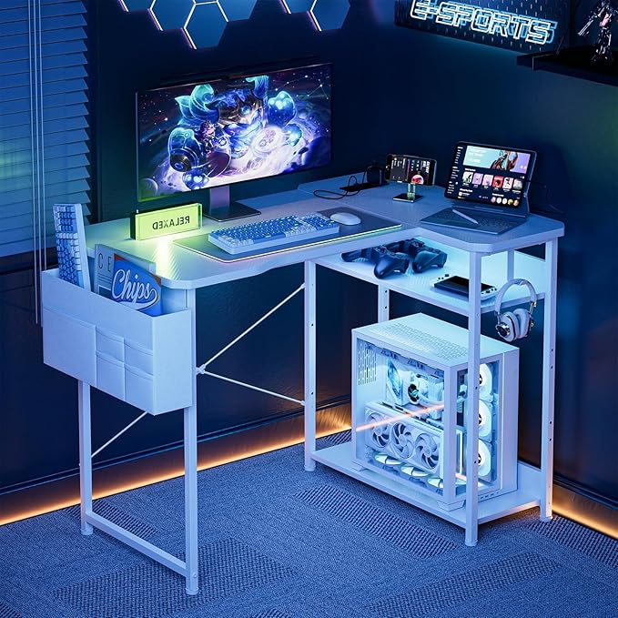 L Shaped Gaming Desk 48 Inch - Computer Corner Desk with Power Outlets, Reversible Shelves & Storage Bag for Home Office, PC Gaming Table, White Carbon
