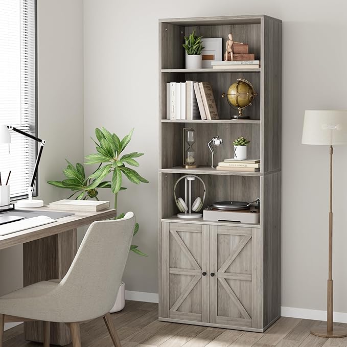 IDEALHOUSE Bookcase with Doors Industrial Bookshelf 11.8in Depth Display Storage Shelves 71.4in Tall Farmhouse Bookcases Wooden 6 Shelf Bookshelvels for Bedroom, Living Room, Home Office, Grey