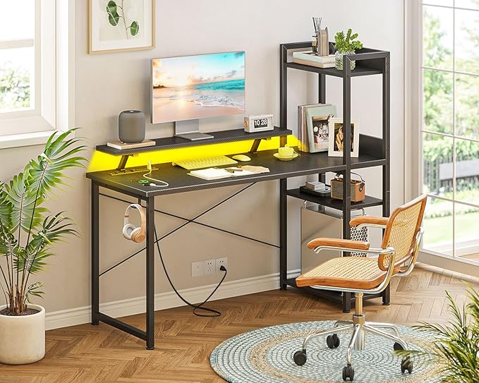 ODK Reversible Gaming Desk with Power Outlets and LED Lights, 48 Inch Computer Desk with Storage Shelves and Monitor Stand, Modern Writing Study Desk for Home Office, Carbon Fiber Black