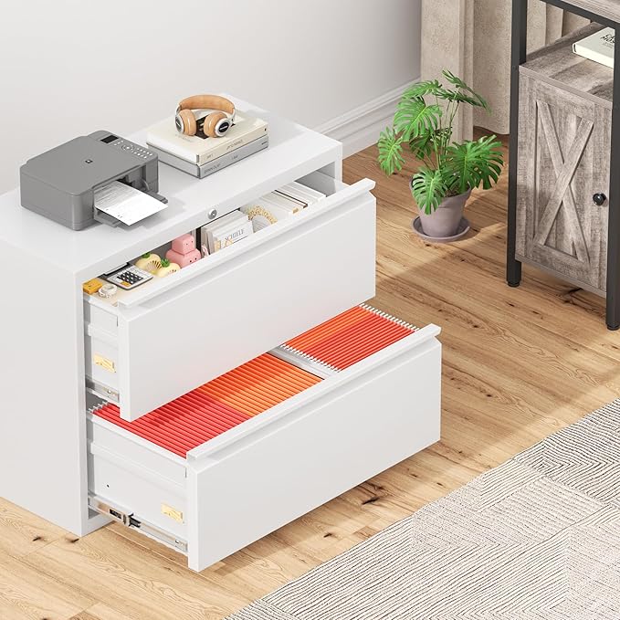 Greenvelly 2 Drawer File Cabinet, White Lateral File Cabinet with Lock, Metal Filing Cabinet for Home Office, Lockable Metal File Cabinet for Legal/Letter/A4/F4 Size with Hanging Bars&Key
