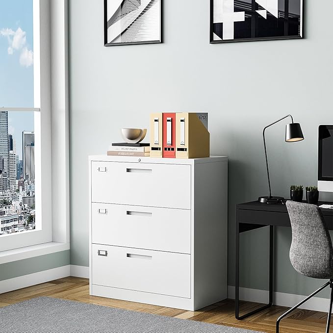 3 Drawer Lateral File Cabinet with Lock, Metal Filing Cabinets for Home Office, Wide Locking File Caninets, White Office Storage Cabnet for Hanging Letter/Legal / A4 / F4 - Assembly Required