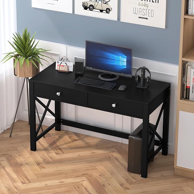 WiberWi Home Office Desk with Drawers, Black Modern Writing Computer Desk, Small Makeup Vanity Table for Bedroom, Study Table for Home Office
