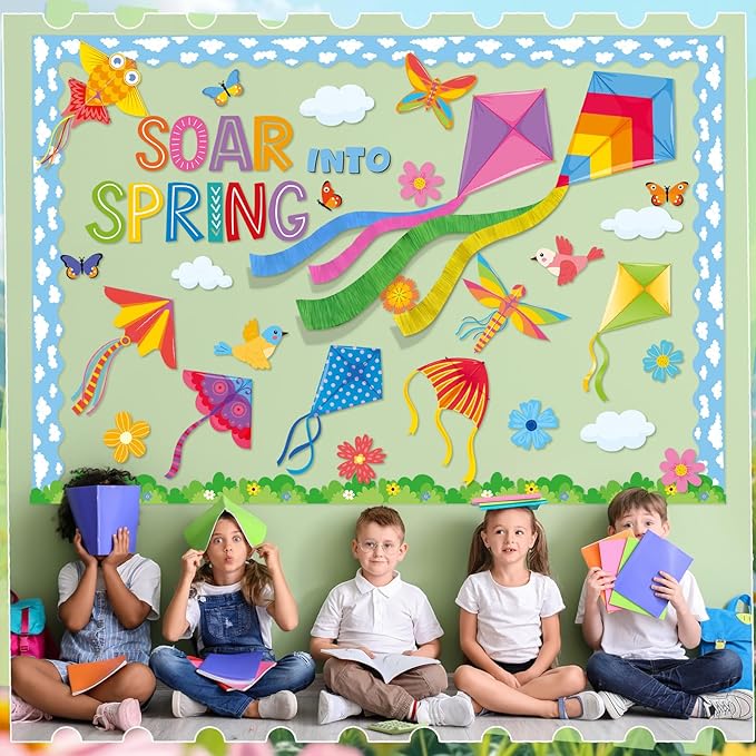 Pajean 68 Pcs Spring Bulletin Board Decoration Set 3D Kite Bulletin Boards with Tissue Paper Soaring Into Spring Classroom Decor Cutouts for School Home Classroom Chalkboard Wall Supplies Decor
