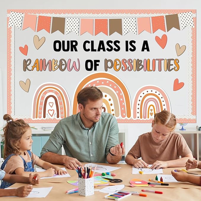 Boho Rainbow Bulletin Board Decorations Rainbow Classroom Bulletin Board Border Set Motivational Paper Cutouts Back to School Preschool Chalkboard Wall Supplies