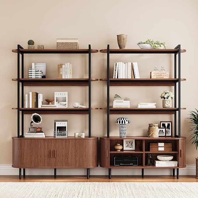 5 Tier Bookshelf with Fluted Cabinet, Tall Bookcase with Sliding Door, Metal and Wood Display Shelf, Free Standing Storage Shelving Unit, Corner Storage Organizer for Living Room, Home Office, Walnut