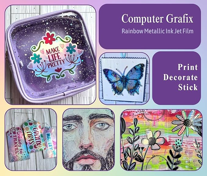 Computer Grafix Adhesive Backed Inkjet Film - Self-Stick Printable Film for Creating Custom Journals, Stickers, Photos, Jewelry and More, Ink Jet Printers Only 8.5 x 11”, Rainbow, 6 Pack