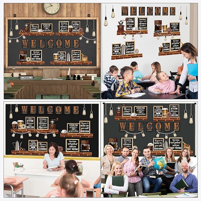 Qilery Coffee Motivational Bulletin Board Set Industrial Inspirational Welcome Classroom Decoration Positive Bulletin Board Cutout Classroom Decoration for Back to School Educational Material