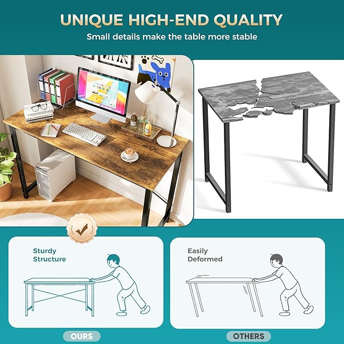 Sweetcrispy Small Computer Office Desk,47 Inch Student Study Writing Desk with Headphone Hooks & Storage Bag, Modern Simple PC Home Bedroom Table, Brown