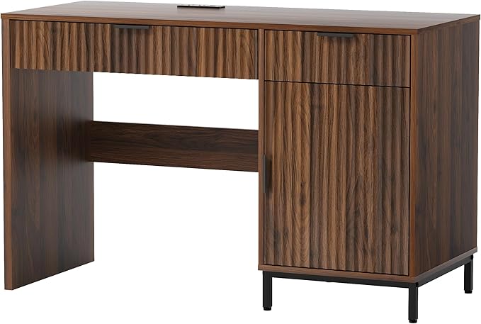 47" Office Desk with Fluted Drawers, Wooden Home Exectuive Desk with Storage Cabinet, Charging Station, Metal Legs Modern Farmhouse Computer Desk for Work, Study, Brown