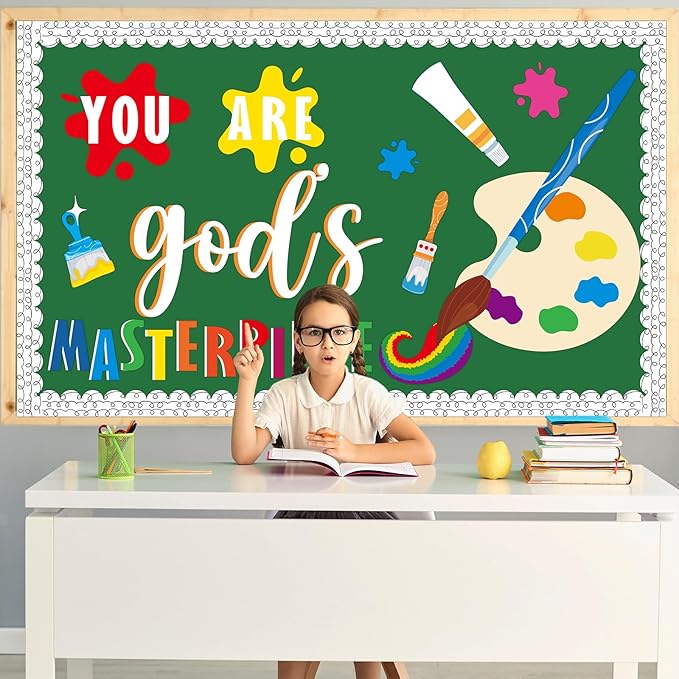 Art Paint Religious Bulletin Board Set You Are God's Masterpiece Christian Jesus Classroom Decorations Colorful Paint Splatter Wall Decor Motivational Cutouts for Sunday School Back to School Decor