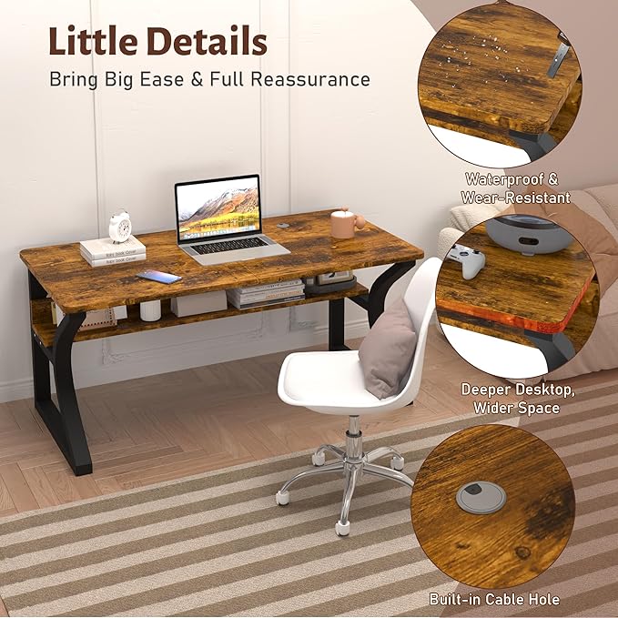 Oraspala Computer Desk 55 Inch Large Comouter Desk Home Office Desks with Storage Shelf Working Desk with Stable C-Shaped Legs Spacious Desktop for Home Office Gaming & Study (Brown, 55inch)