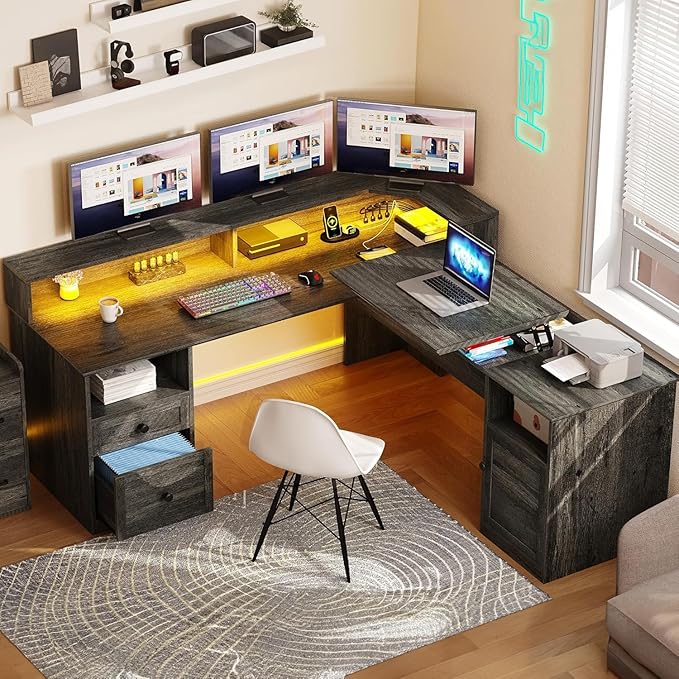 YITAHOME L Shaped Desk with Power Outlets & LED Lights, 60" Corner Computer Desk with Drawers & Lift Top, Home Office Desk with Monitor Stand & File Cabinet, Wood Height Adjustable Desk, Grey