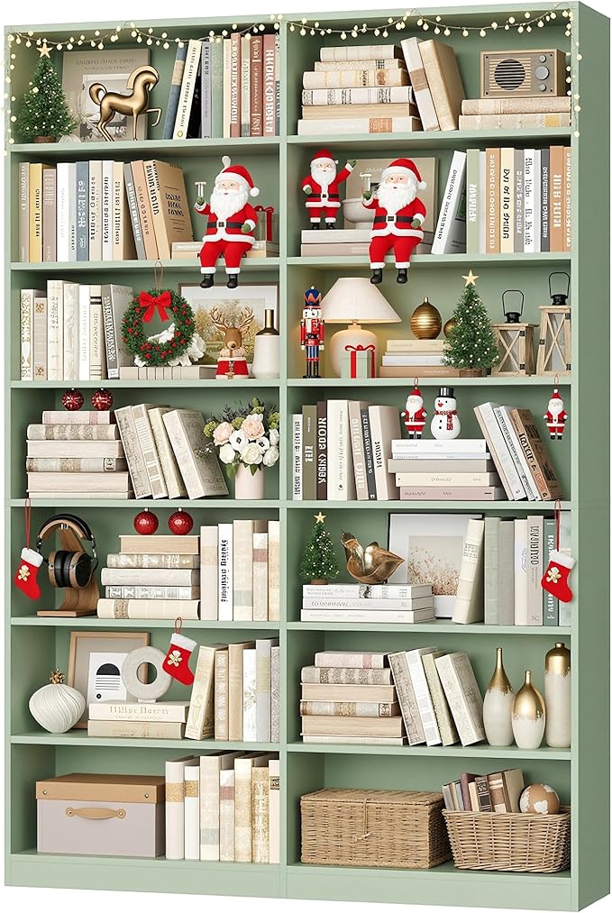 FACBOTALL 83.6" Tall Bookshelf and Bookcase, 7-Tier Extra Large Bookshelf with Double Storage, 14 Open Display Shelves for Home Office, Study and Living Room, Green