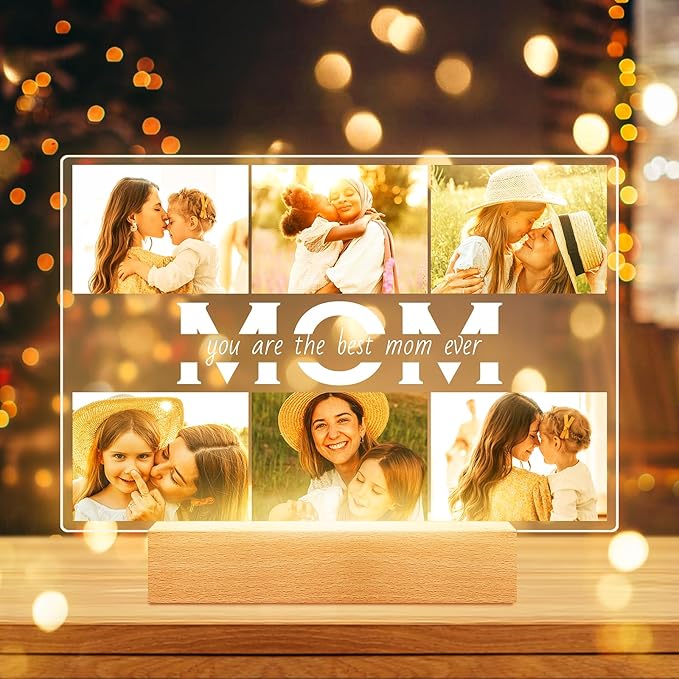 Personalized Mothers Day Gifts for Mom from Daughter Son, Custom Picture Frames with Photos, Customized Photo Frame with Night Light, Personalized Birthday Gifts for Mom Baby Kids Family