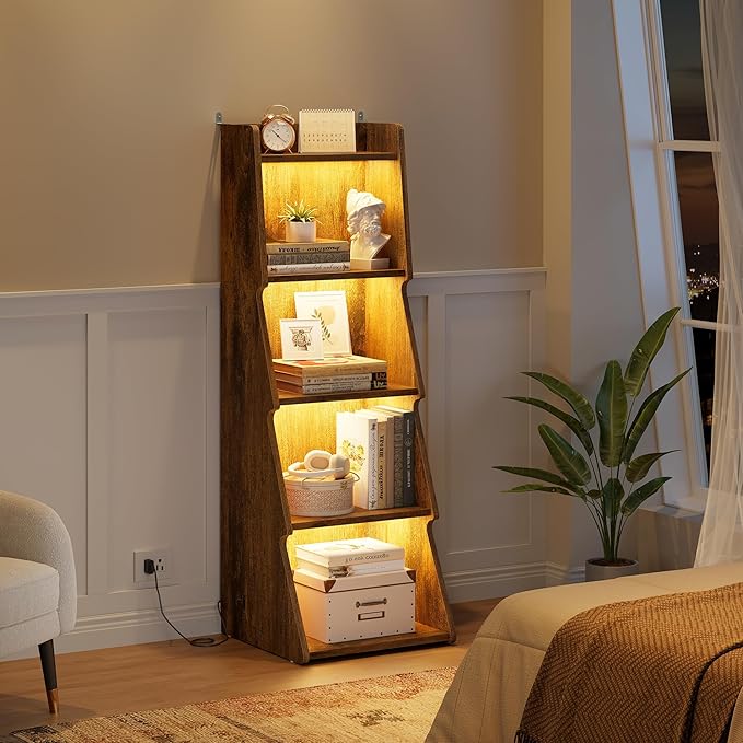 Hoctieon 5-Tier Open Bookcase and Bookshelf with LED Light, Floor Standing Display Storage Shelves, Wood Modern Display Organizer for Home Office, Living Room, Bedroom, Study, Rustic Brown