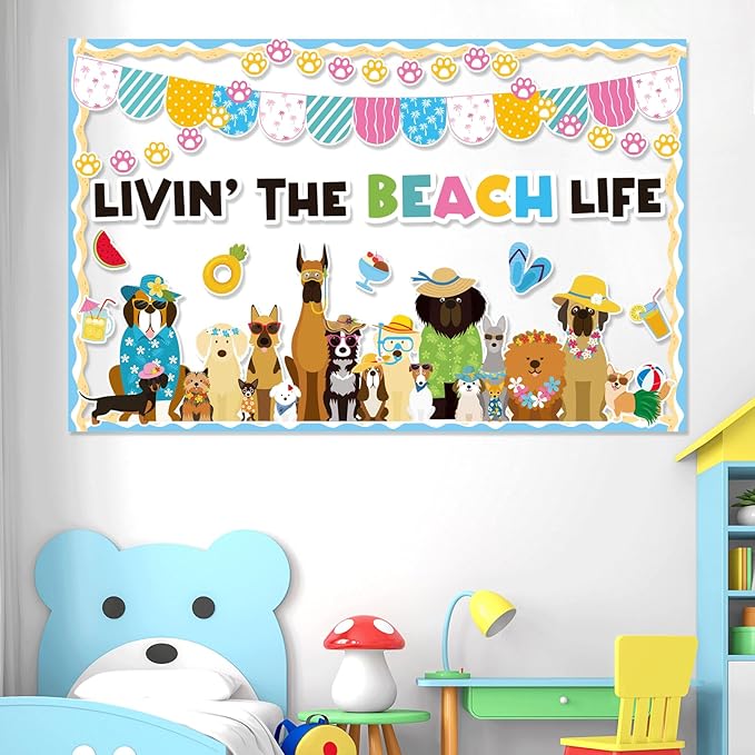 Summer Dog Bulletin Board Decorations Hawaiian Dog Theme Classroom Back to School Bulletin Board Border Set Cute Puppy Pet Dog Paw Paper Cutouts for School Chalkboard Supplies Wall Decor