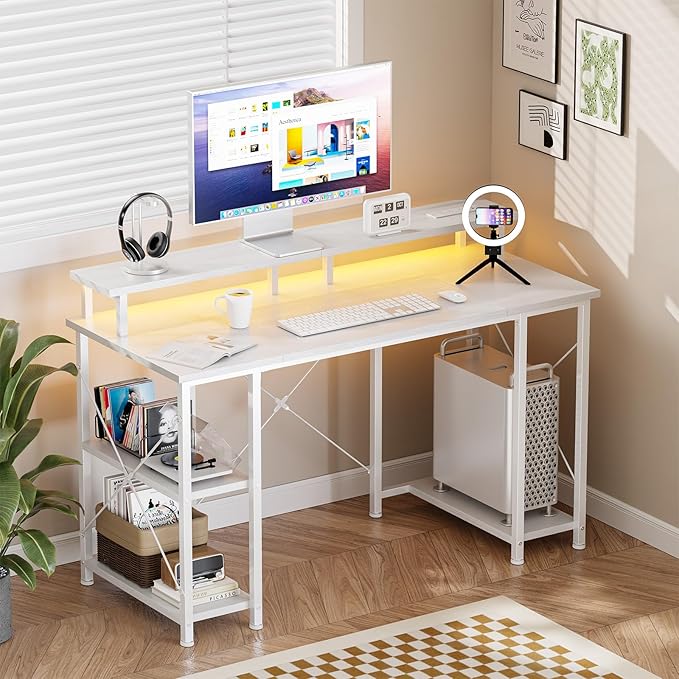DUMOS Gaming Desk 48 inch Computer Office Desks with LED Lights Power Outlets, Monitor Stand Storage Shelves, Ergonomic White Office Table for Home Gaming Station