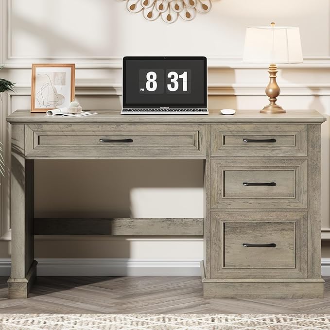Farmhouse 47" Executive Desk, Computer Desk with Drawers and File Drawer, Workstation Computer Desk with Charging Station for Home Office,Study,(Wash Grey)