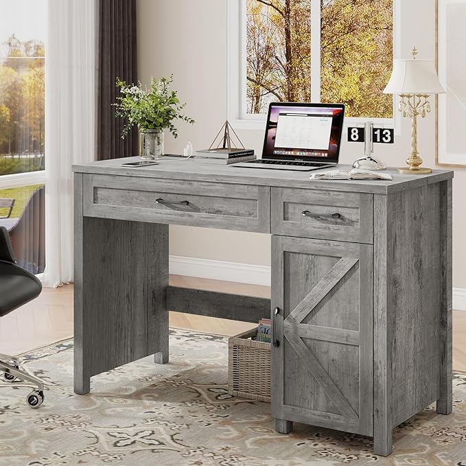 Vabches Farmhouse 47" Executive Desk, Computer Desk with Drawers and Storage Cabinet, Workstation Computer Desk for Home Office and Study.(Grey)