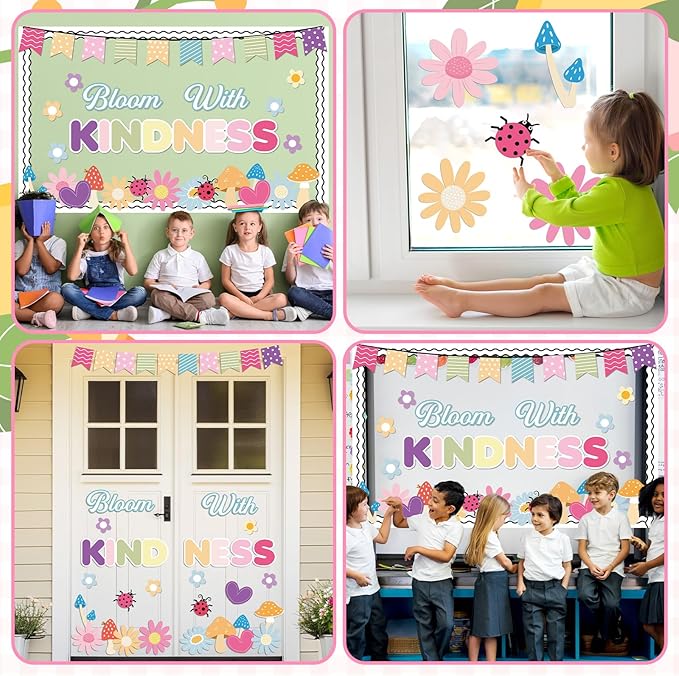 Spring Kindness Bulletin Board Set Bloom with Kindness Classroom Decoration Colorful Flowers Paper Cutouts Borders Back to School Bulletin Board Classroom Wall Chalkboard Spring Party Supplies Decor