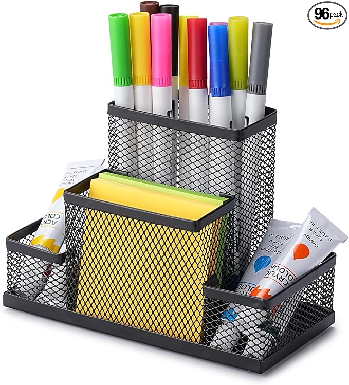 Huron Pen Holder and Desk Organizer Caddy, 4 Compartment Storage for Pencils Pens Sticky Notes Office Desk Accessories for Home Office,Black Steel Mesh (1/4/24/96) (96 pc)