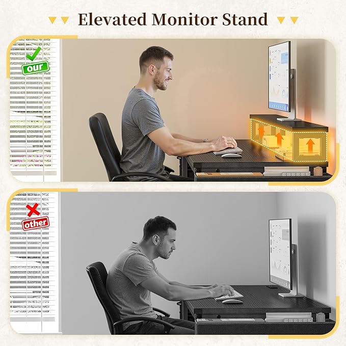 48" Computer Desk with Drawers & Storage Bag, Gaming Desk with Power Outlets and LED Lights, Office Desk with Monitor Stand for Bedroom Gaming Room, Study Work Home Office, Black