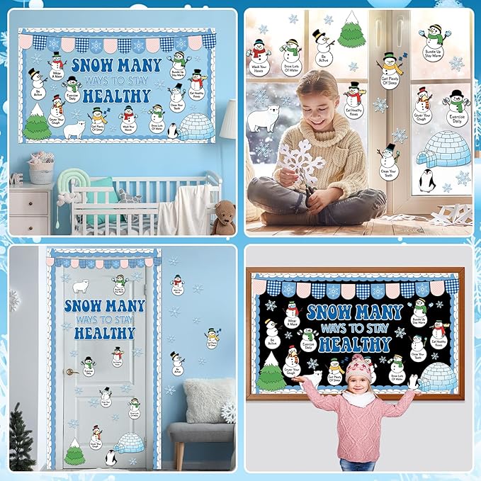 Winter Health Bulletin Board Decorations Set Christmas Snowman Bulletin Board Snowflake Snow Many Ways to Stay Healthy Habits Cutouts Classroom Decor for School Wall Decoration Supplies