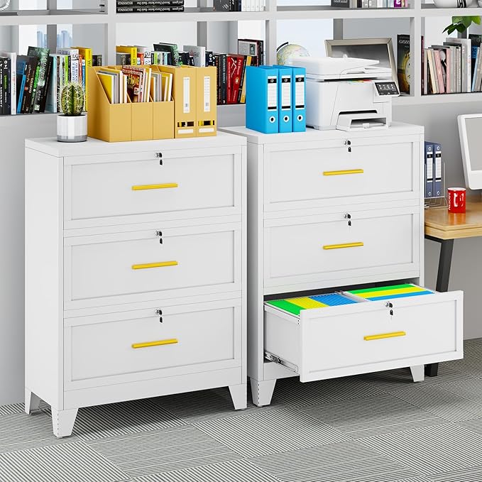 3 Drawer File Cabinet with Lock, Metal Lateral File Cabinets for Home Office, Steel Wide Filing Organization Storage Cabinets, Home Office Furniture for Hanging Files Letter/Legal/F4/A4 Size