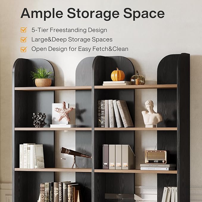 Tribesigns 5-Tier Farmhouse Bookshelf, 70.87-Inch Tall Double Wide Bookcase with Open Shelves, Vintage Floor Standing Book Shelf (2, Black+Brown)