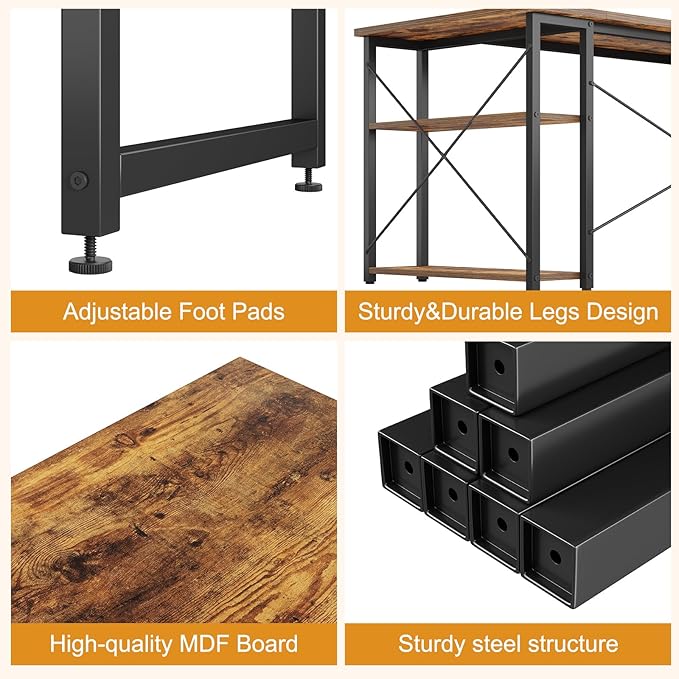 Grandder L Shaped Computer Desk with Reversible Shelves, 40 Inch Small Corner Desk with Storage Bag, Gaming Desk Computer Table Study Writing Desk for Home Office Small Space, Rustic Brown