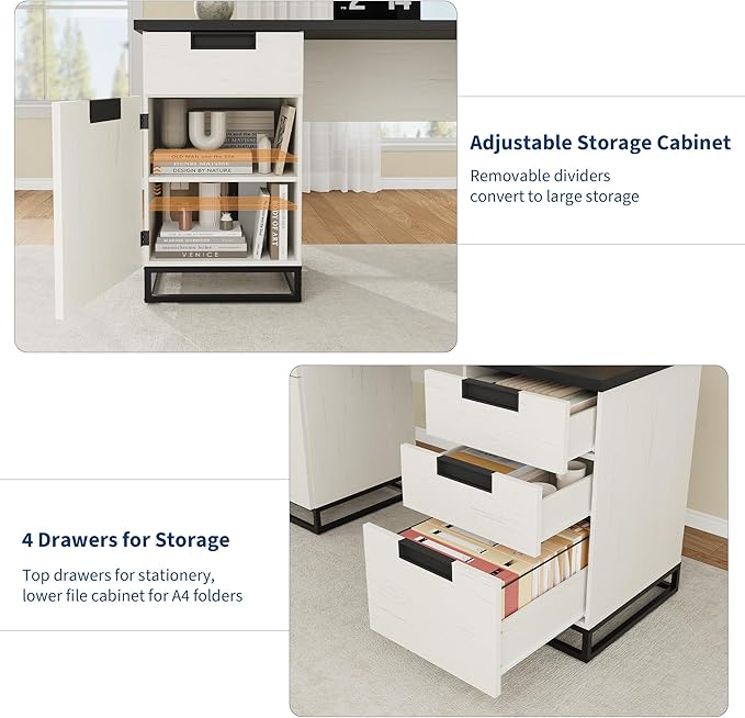 Garvee 59 in Farmhouse Executive Desk, Home Office Desk with File Drawer and Storage Cabinet, Wooden Computer Table with 3 Drawers for Work and Study ,White+Vintage/Black