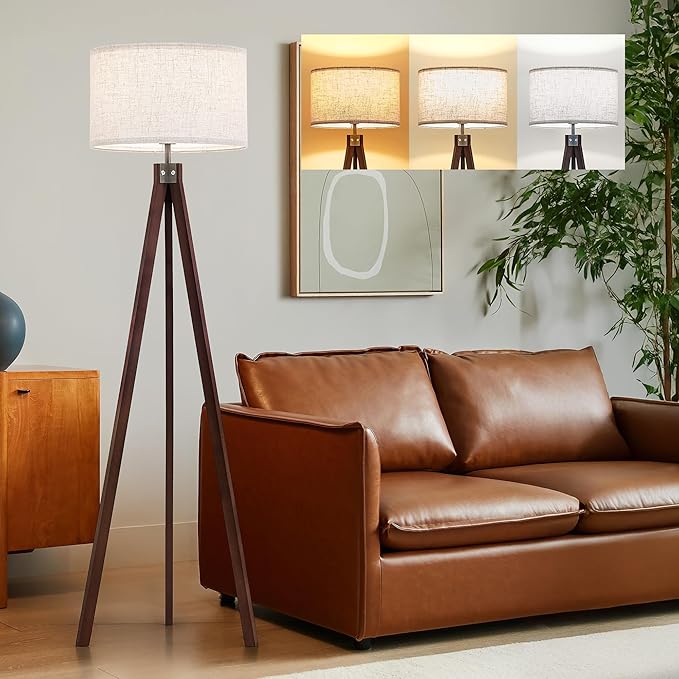 ELYONA Wood Tripod Floor Lamp with 3 Color Temperatures Bulb, Mid Century Modern Reading Standing Light, Farmhouse Floor Light Linen Shade for Living Room Bedroom Office, Walnut, 9W LED Bulb Include