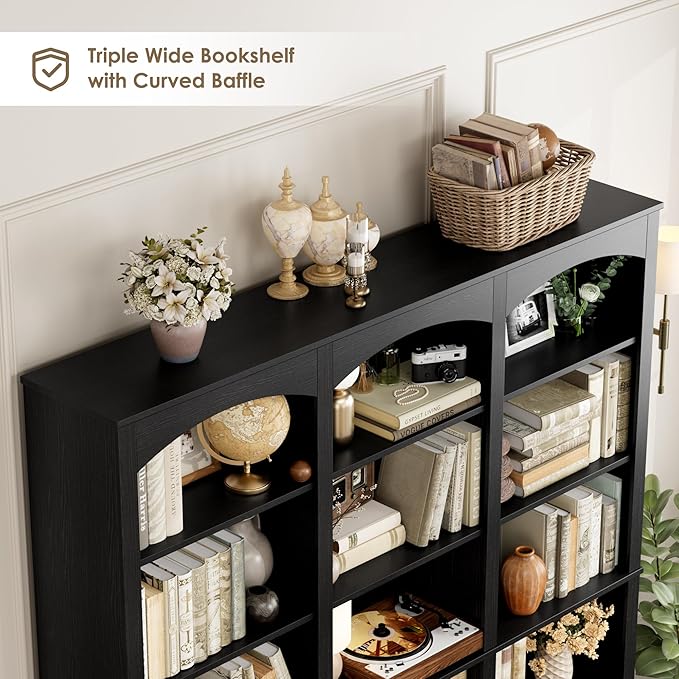 FACBOTALL 71" Triple Wide Bookshelf, 6 Tier Tall Bookshelf, Large Book Shelf with Curved Baffle, 63.4" Wide Bookcase with 18 Open Display Shelves for Living Room, Study, Black