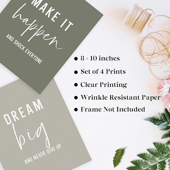 QLMX Office Inspirational Wall Art Prints Set of 4, Boho Motivational Make It Happen Stay Postive Prints Wall Decor for Office, Positive Quotes Poster for Home 8”x10” Unframed