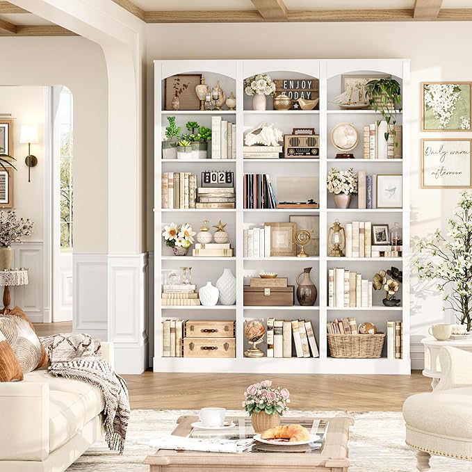 FACBOTALL 71" Triple Wide Bookshelf, 6 Tier Bookcase, Large White Bookshelf with Curved Baffle, 63.4" Wide White Bookcase with 18 Open Display Shelves for Living Room, Study, White