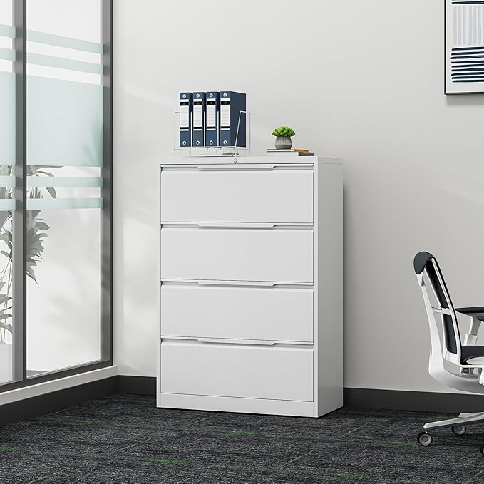 Coolsun Metal File Cabinet with Lock, 4 Drawer File Cabinet for Home Office, Lockable Lateral Filing Cabinet for A4/F4/Lagel/Letter Assembly Required (White, 4 Drawer Lateral)