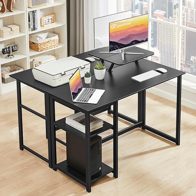 GreenForest Computer Home Office Desk with Monitor Stand and Storage Shelves on Left or Right Side,47 inch Modern Writing Study PC Laptop Work Table,Black