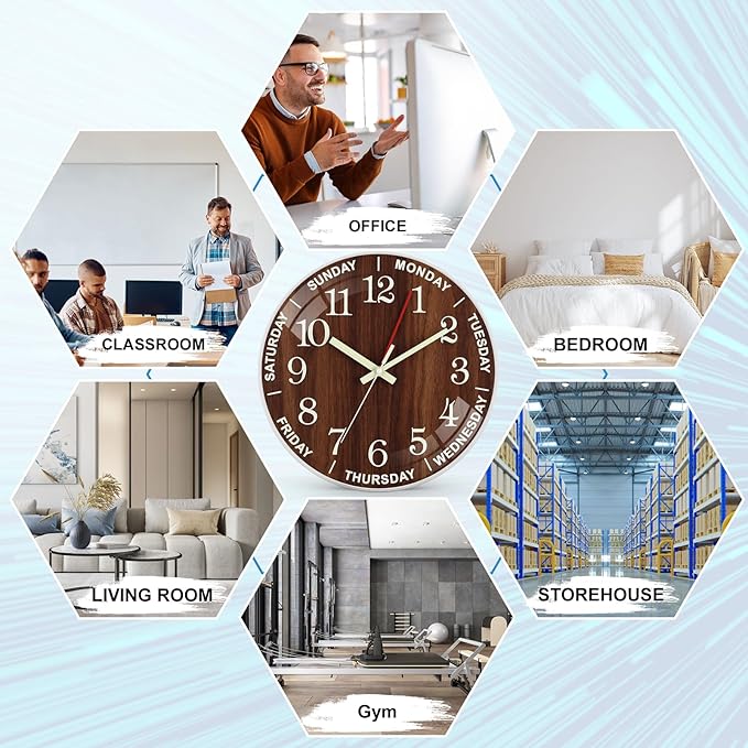 12 Inch Day of Week Wall Clock, Non Ticking Modern Clocks Battery Operated,Analog Day Clock for Seniors Eldly,Classic for Office Home Classroom School Living Room,Unique Gift Clock(Brown)
