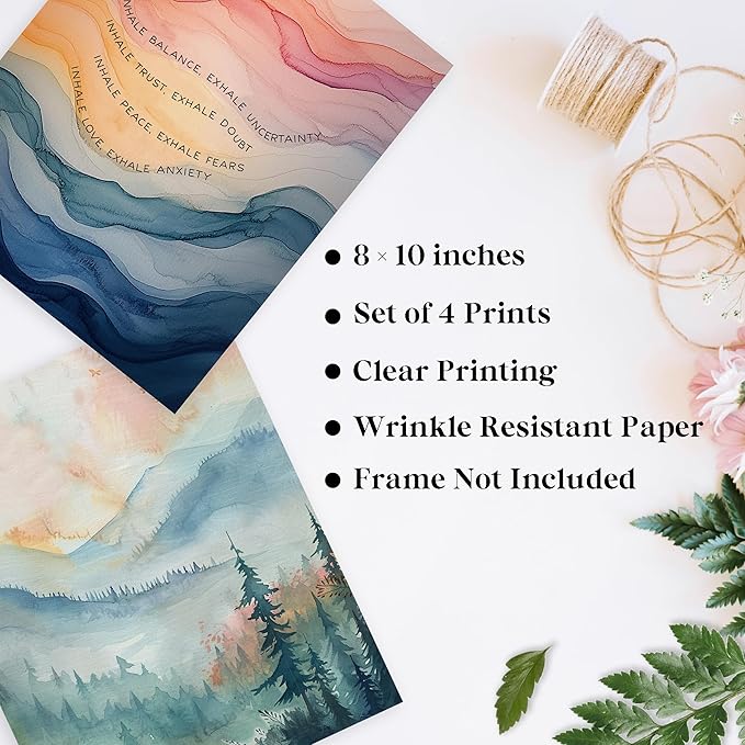 QLMX Inhale Exhale Mental Health Wall Art Prints Set of 4, Watercolor Abstract Prints for Wall Decor, Therapy Office Decor, Calming Breathe Poster for Therapy Counselling Room 8”x10” Unframed