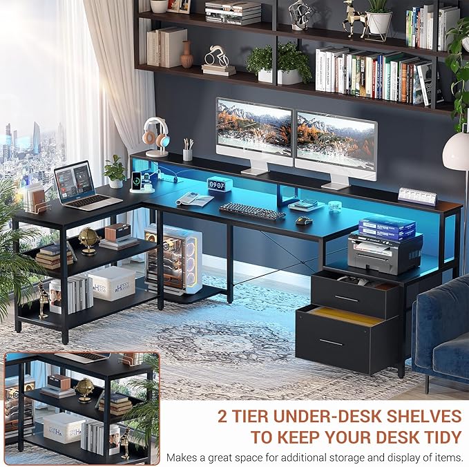 Aheaplus L Shaped Desk with File Drawer, 72.8" Reversible L Shaped Computer Desk with Power Outlet & LED Strip, Gaming Desks with Long Monitor Stand, Corner Office Desks with Storage Shelf, Black