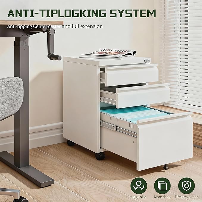 3 Drawer File Cabinet with Lock,Rolling Mobile File Cabinet with Wheels for Home Office,Under Desk Metal Filing Cabinet,Office Storage Organizer,Fully Assembled,White
