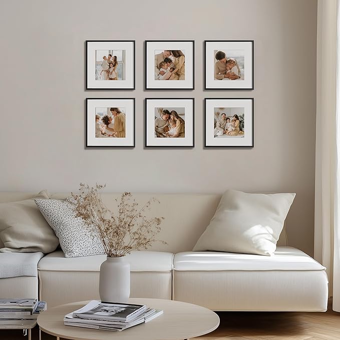 eletecpro Aluminum Gallery Wall Frame Set of 6, 12 x 12 Metal Photo Frames Display 8x8 Photo with Mat or 12x12 without Mat, Picture Frame Collage Wall Decor, Black