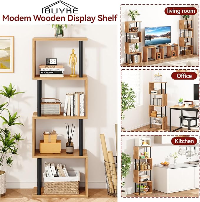 IBUYKE 5-Tier Tall Bookshelf,S-Shaped Geometric Bookcase, Wood Display Shelves with Storage,Modern Bookshelf for Living Room Bedroom, Home Office,Oak WBC015K