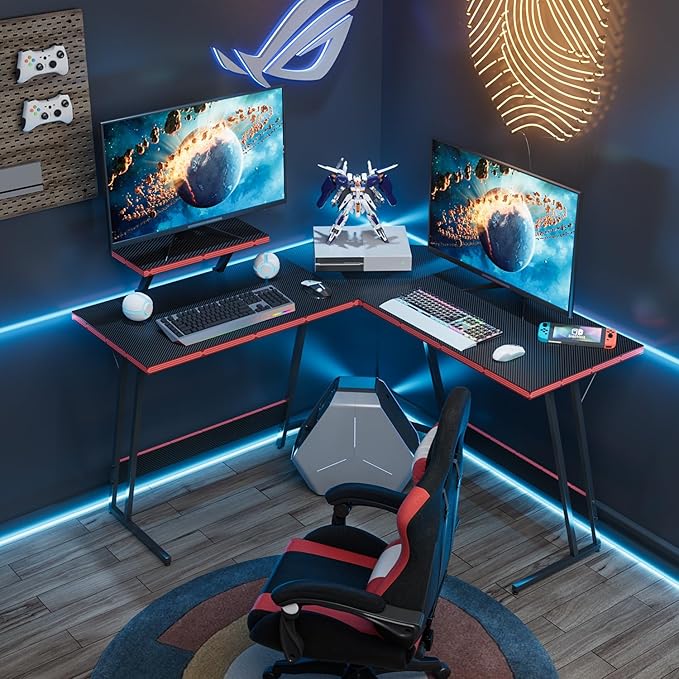 Homall L Shaped Gaming Desk Computer Corner PC Desk Table with Large Monitor Riser Stand for Home Office Sturdy Writing Workstation (Black, 47 Inch)