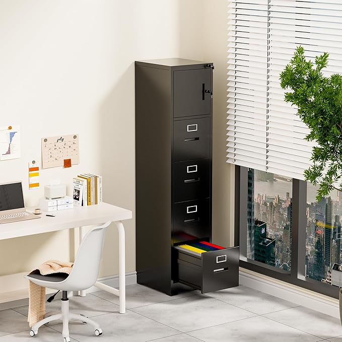 4 Drawer Metal Locking File Cabinet with 1 Door Heavy Duty Lockable Filing Cabinets Home Office Steel File Cabinet Black Vertical File Cabinets for Legal/Letter Size File,Assembly Required
