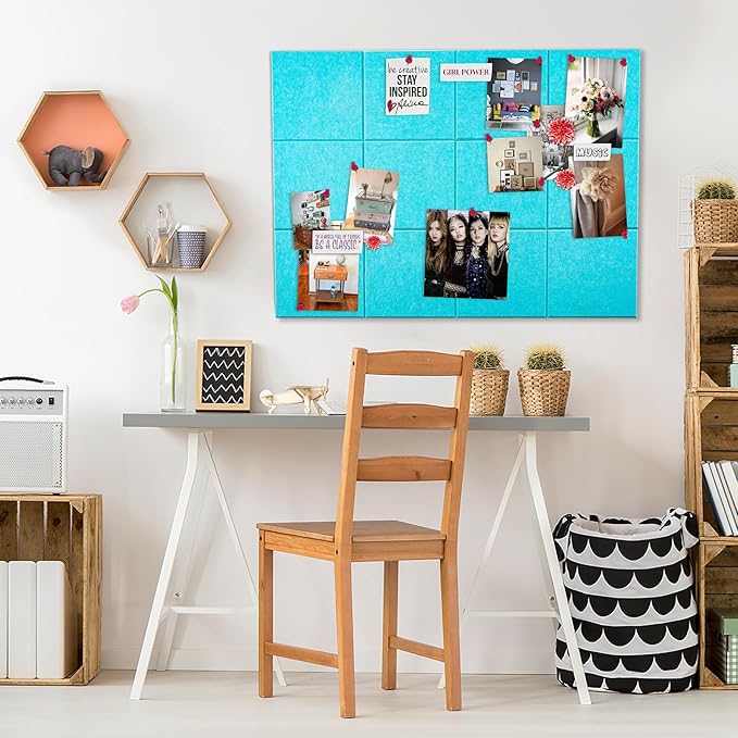 Large Felt Cork Board - 12 Felt Board Tiles with Removable Adhesive Tape Cork Boards for Dorm, Board for Office, Bulletin Board for Kids Study Room, Classroom (Aqua Collection, 30x30)