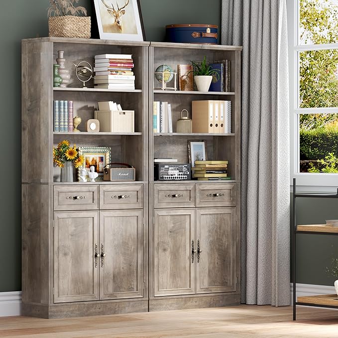 70.1" Tall Bookshelf with Drawers & Cabinet, 5-Tier Floor Standing Bookcase with Storage Doors, Adjustable Shelves & Metal Handles, 31.5" Wide Organizer for Home Office, Living Room