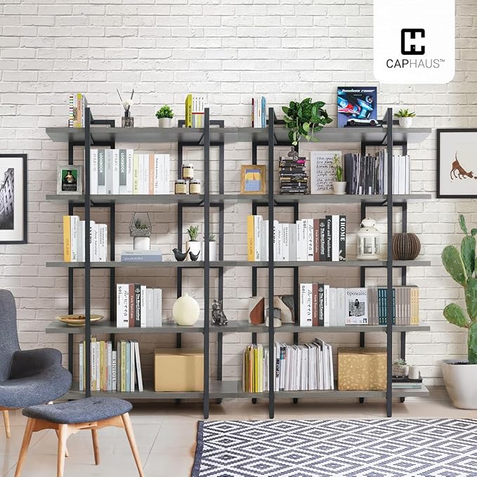 CAPHAUS 5-Tier Book Shelf, 71ā H Vintage Industrial Bookcase with Open Display Shelving, Wooden and Metal Shelving Unit, Bookshelves and Bookcases, Stand Shelf for Bedroom, Home Office, Dark Grey