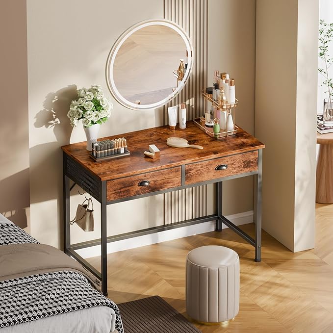 Furologee Small Computer Desk with 2 Fabric Drawers, 40 Inch Simple Home Office Desk, Writing Desk with Hooks, Study Table for Working Small Spaces, Makeup Desk for Bedroom, Rustic Brown